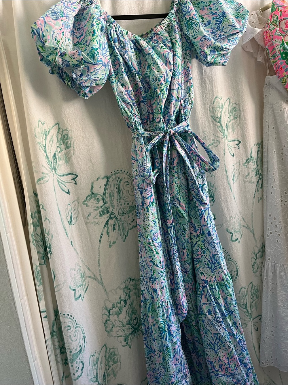 🌊💙 **Lilly Pulitzer Tamie Off-Shoulder Midi Dress – “Surf Blue Soleil It On Me